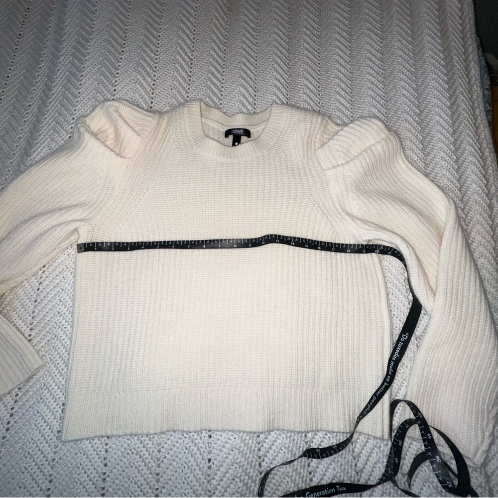 Women's Aqua Cashmere Shaker Puff Sleeve Cream Sweater - L - Picture 5 of 6